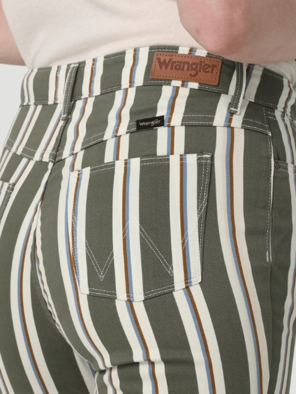 Wrangler Retro Moss Green Blue Mustard Stripe High Rise Flare Jeans Size 18 - Picture 2 of 12